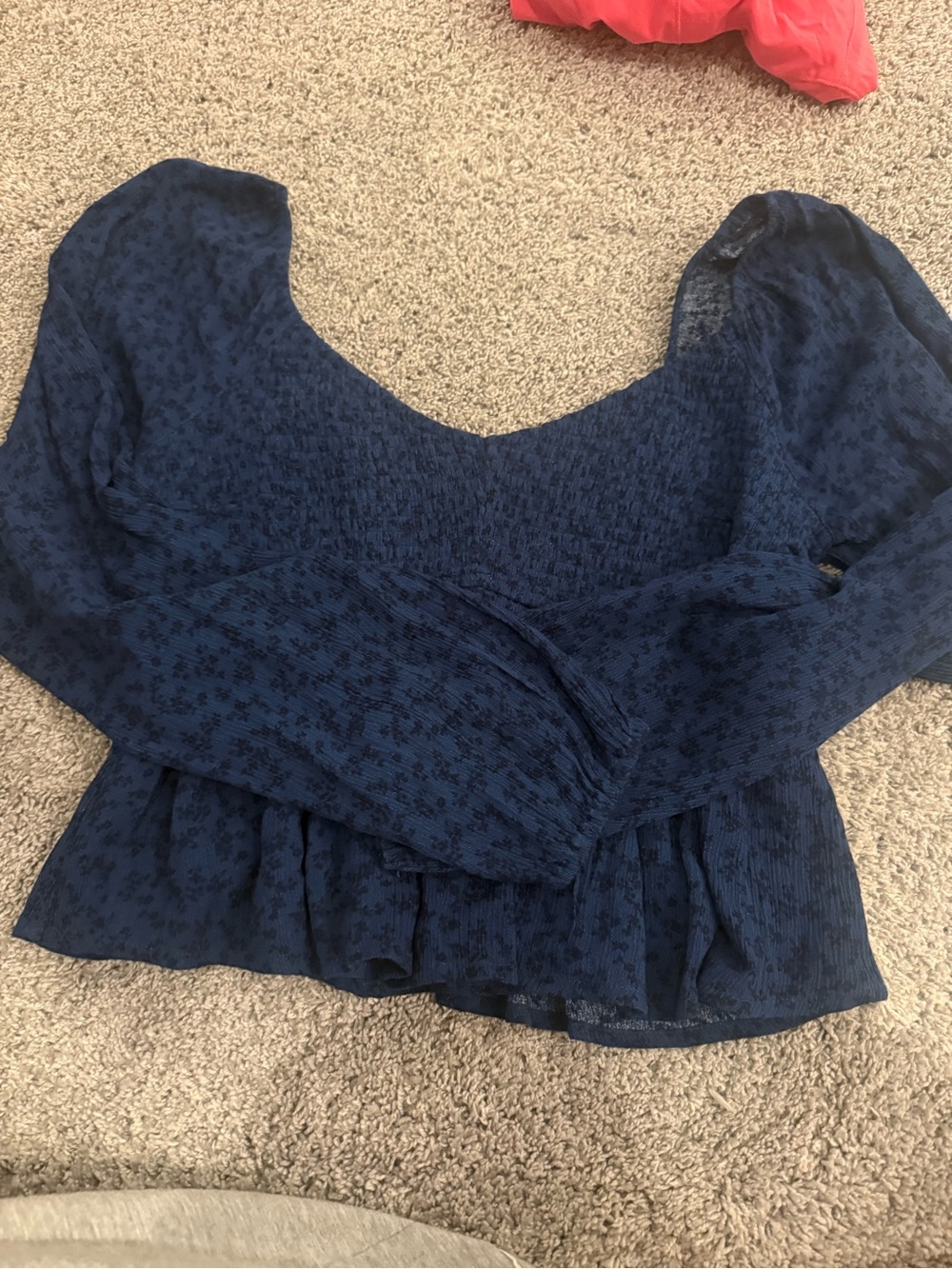 Smocked Peplum Blouse - Navy Blue